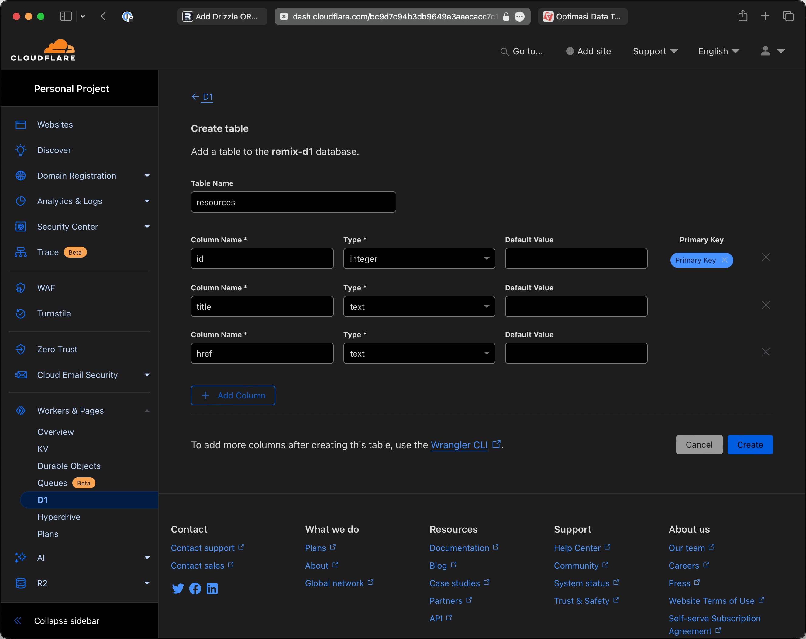 Schema table resources di D1 Database untuk aplikasi Remix D1